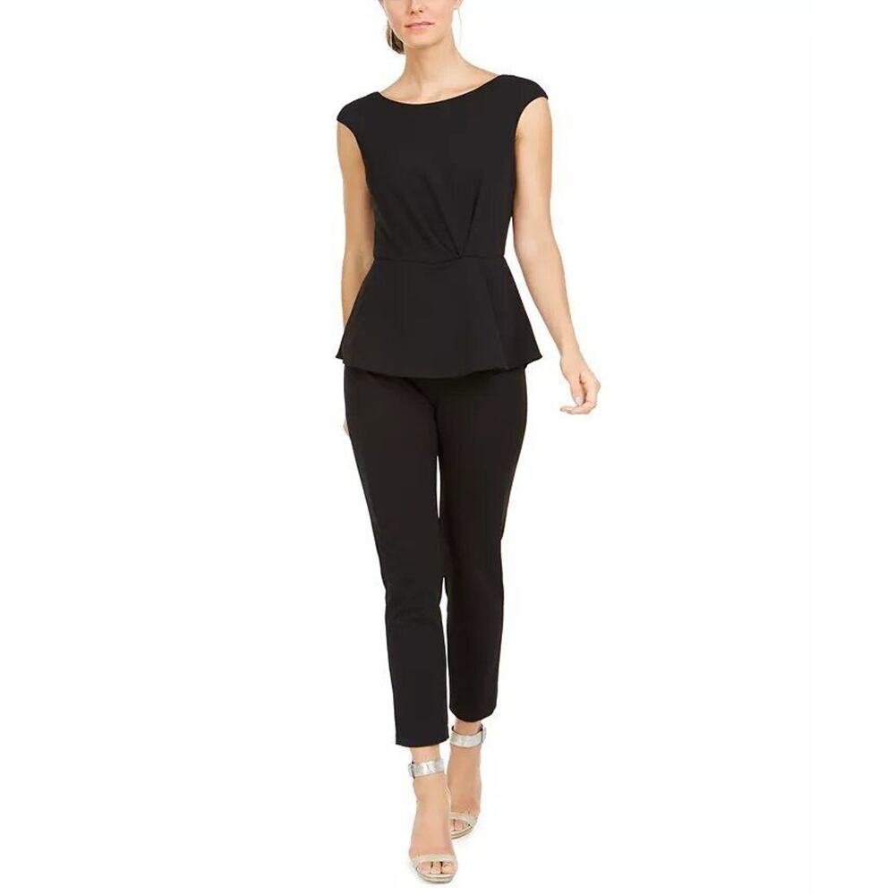 Adrianna Papell Black Peplum Tapered Leg Crepe Vback Jumpsuit 6 NEW